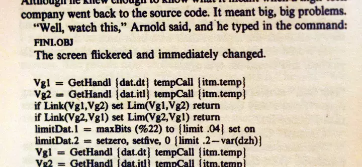Fictional source code listing in Jurassic Park, the novel
