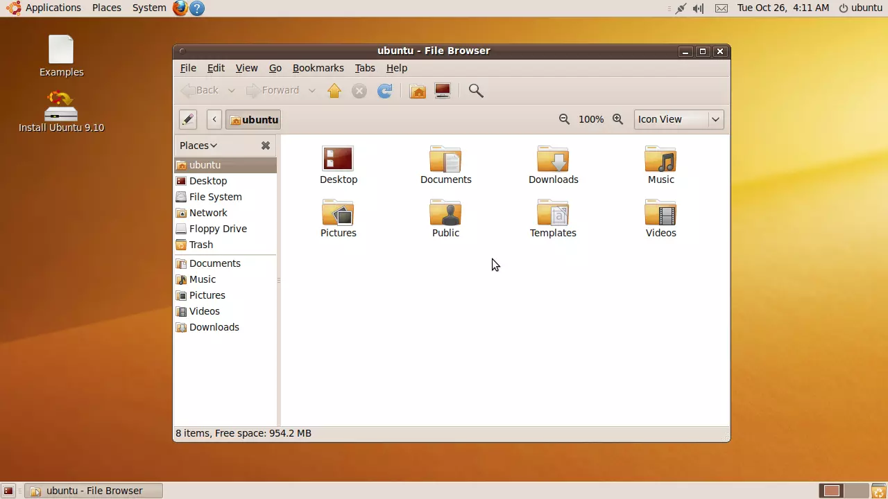 Screenshot of Ubuntu 9.10 with Nautilus file manager open