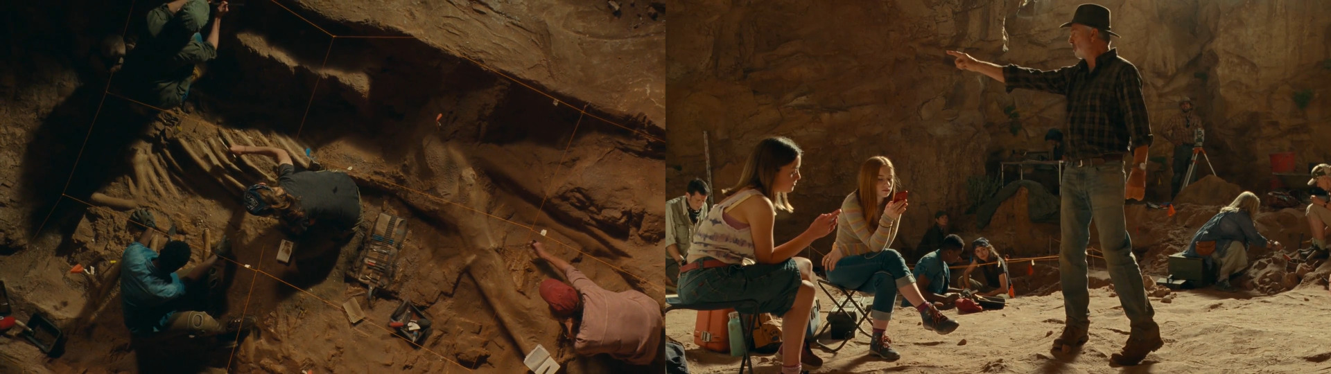 Left: overhead shot of people digging with Grant's speech in the background, right: Grant continues his speech; it's the same location