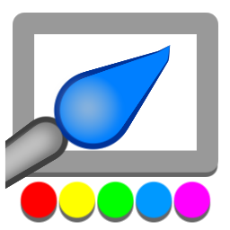 A slanted brush against a digital screen and a horizontal color palette