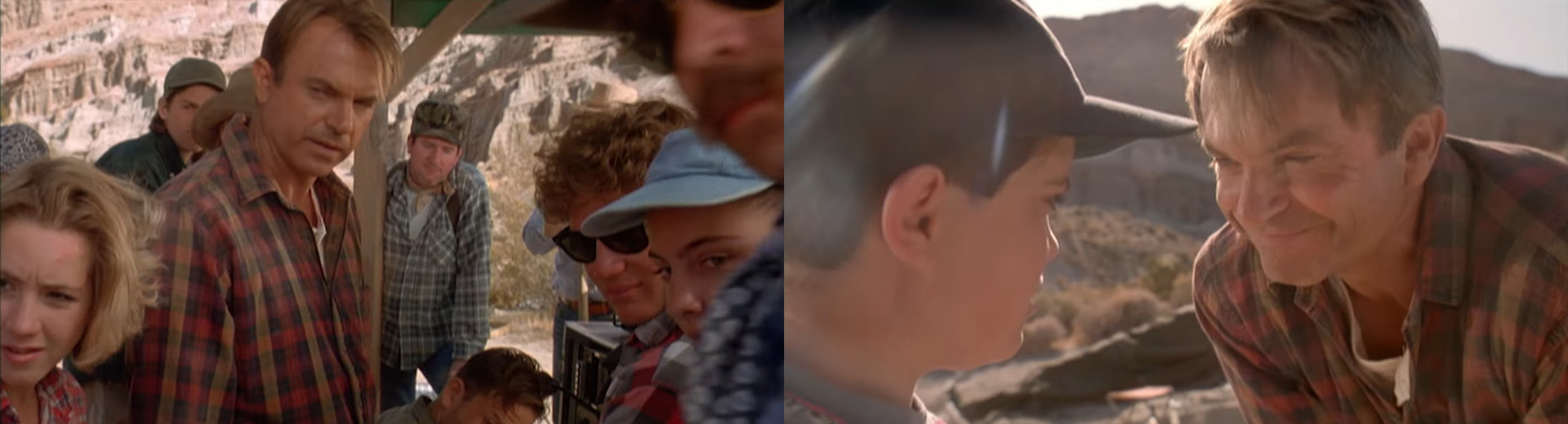 Left: Grant and his team turns hearing the kid's comment, right: Grant talks to the kid